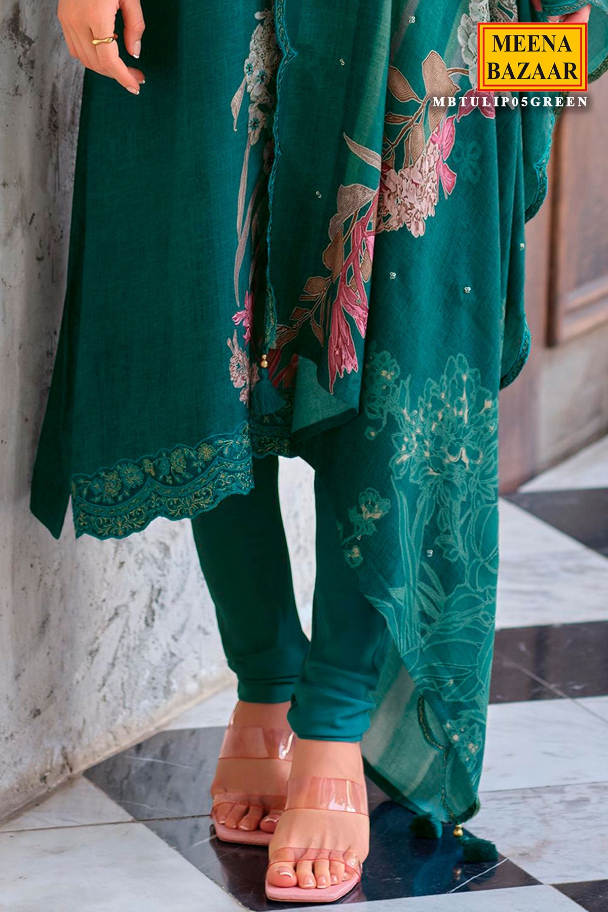 Green Pashmina Floral Printed Unstitched Suit Set