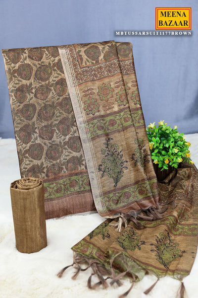 Brown Tussar Silk Floral Printed Unstitched Suit Set