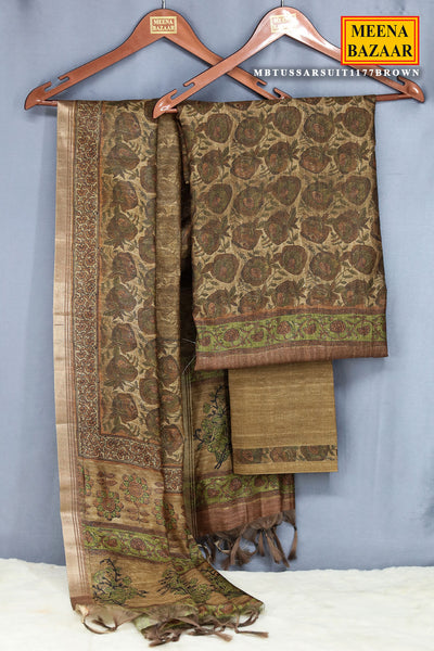 Brown Tussar Silk Floral Printed Unstitched Suit Set