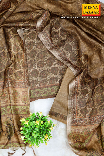 Brown Tussar Silk Floral Printed Unstitched Suit Set