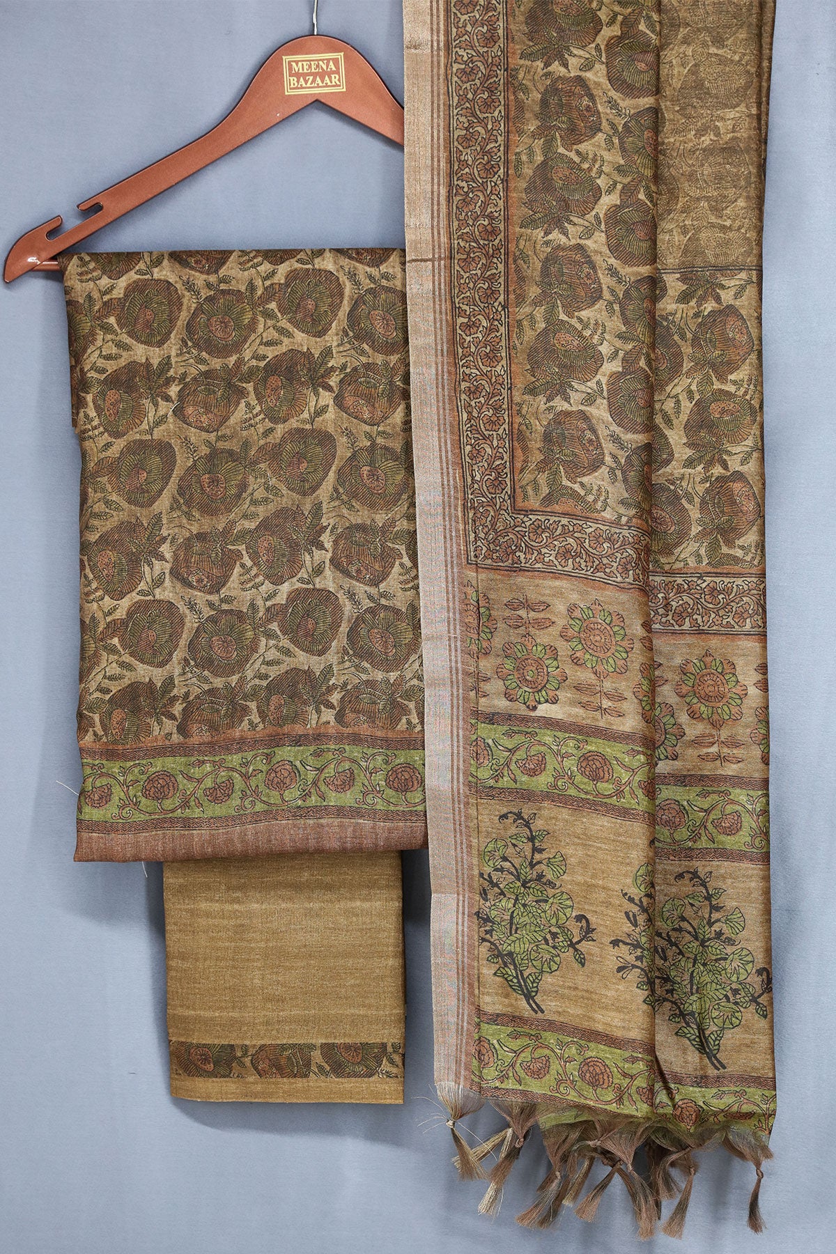 Brown Tussar Silk Floral Printed Unstitched Suit Set