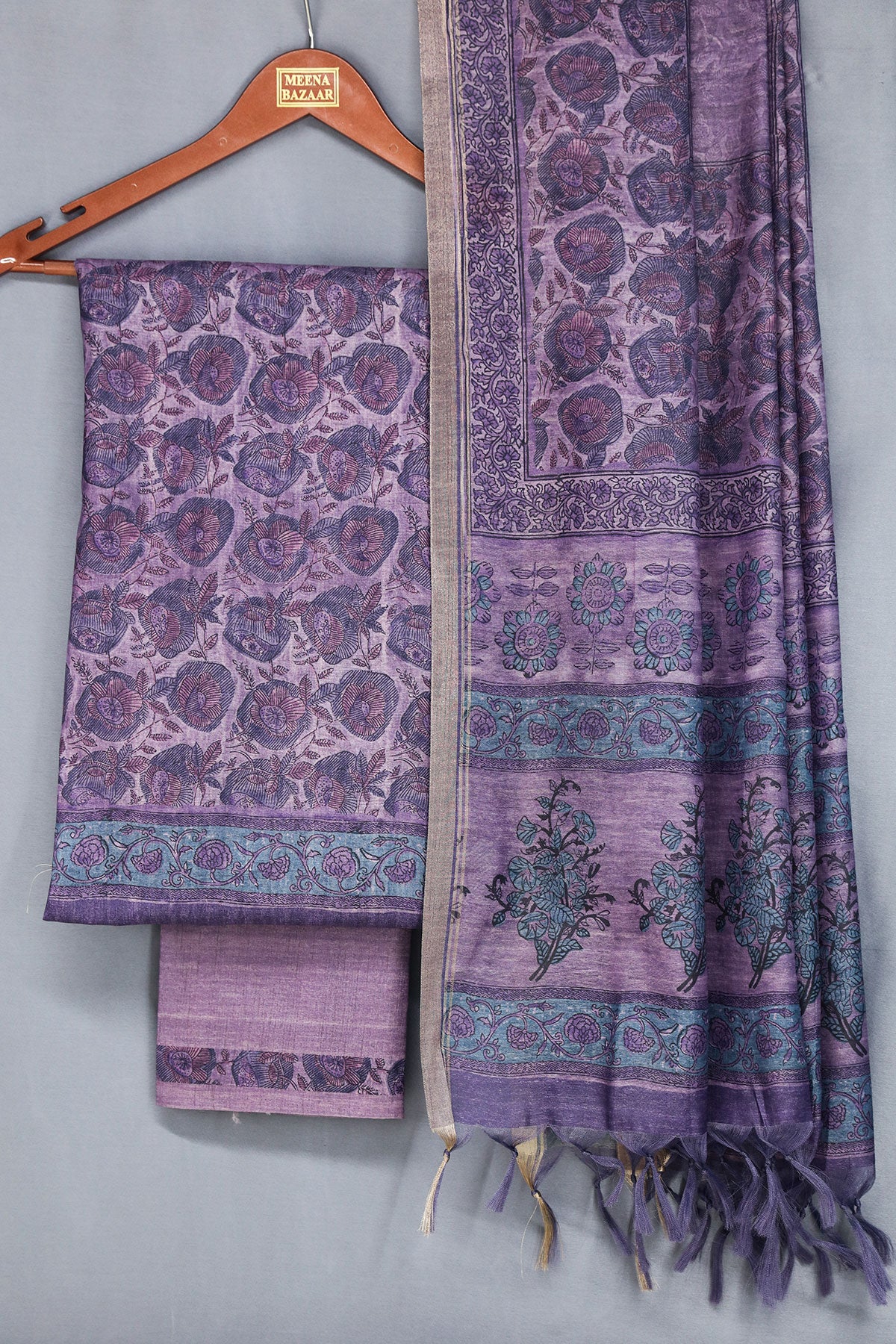 Purple Tussar Silk Floral Printed Unstitched Suit Set