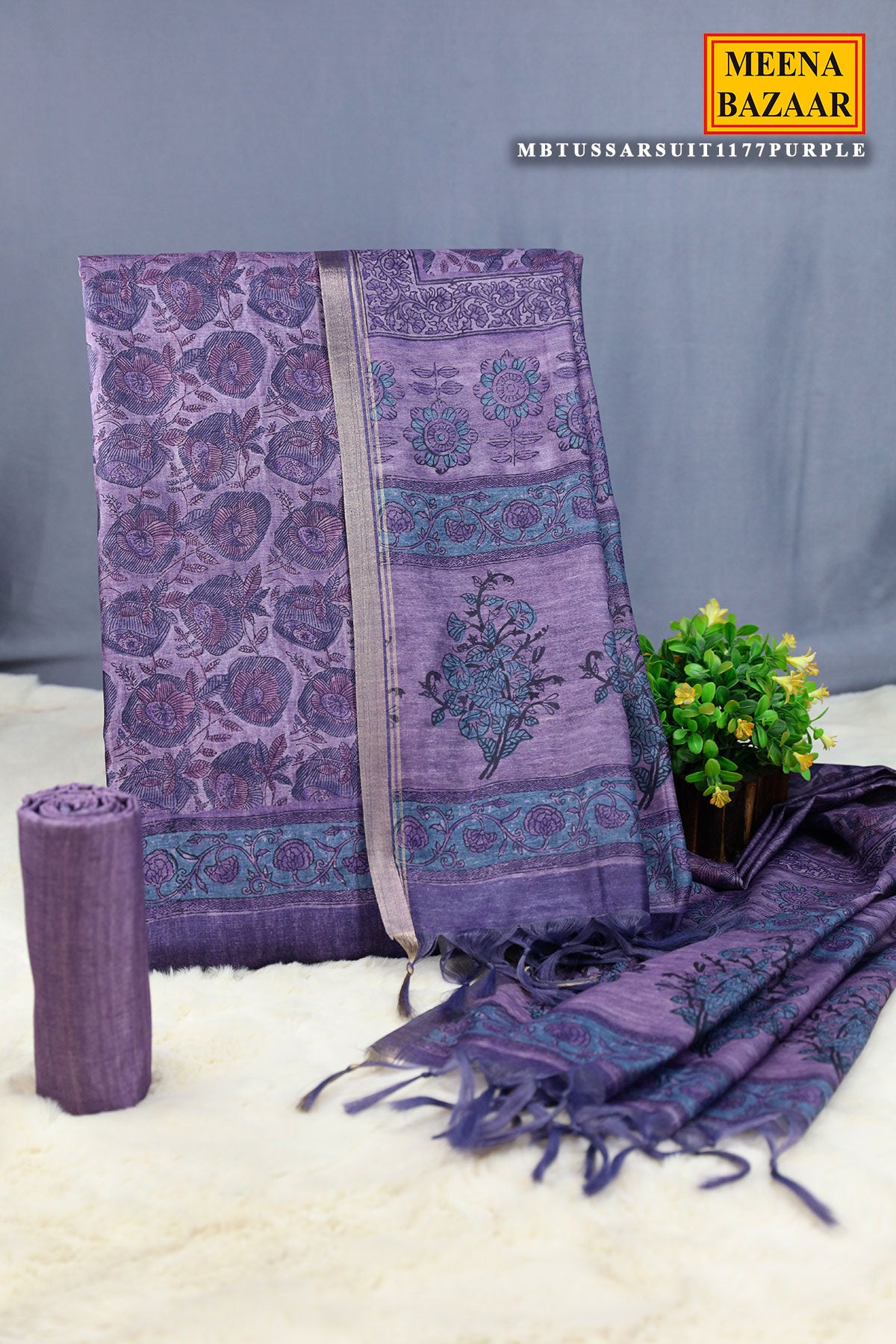 Purple Tussar Silk Floral Printed Unstitched Suit Set