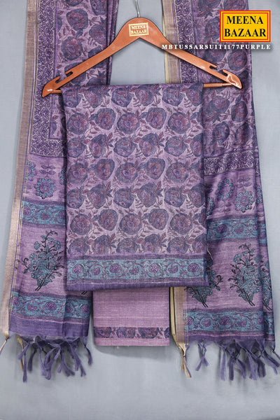 Purple Tussar Silk Floral Printed Unstitched Suit Set