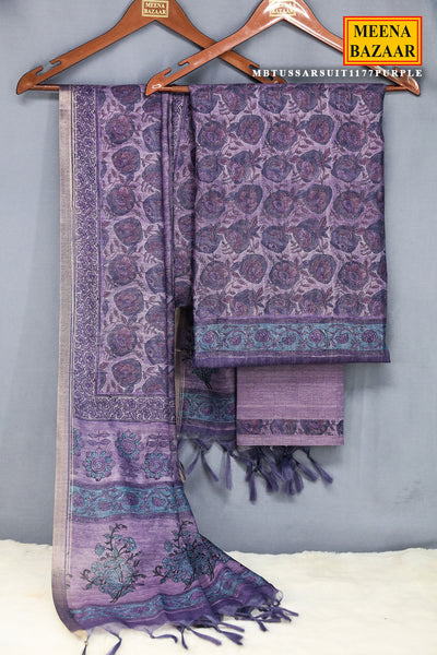 Purple Tussar Silk Floral Printed Unstitched Suit Set