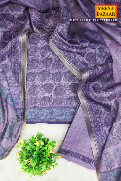 Purple Tussar Silk Floral Printed Unstitched Suit Set