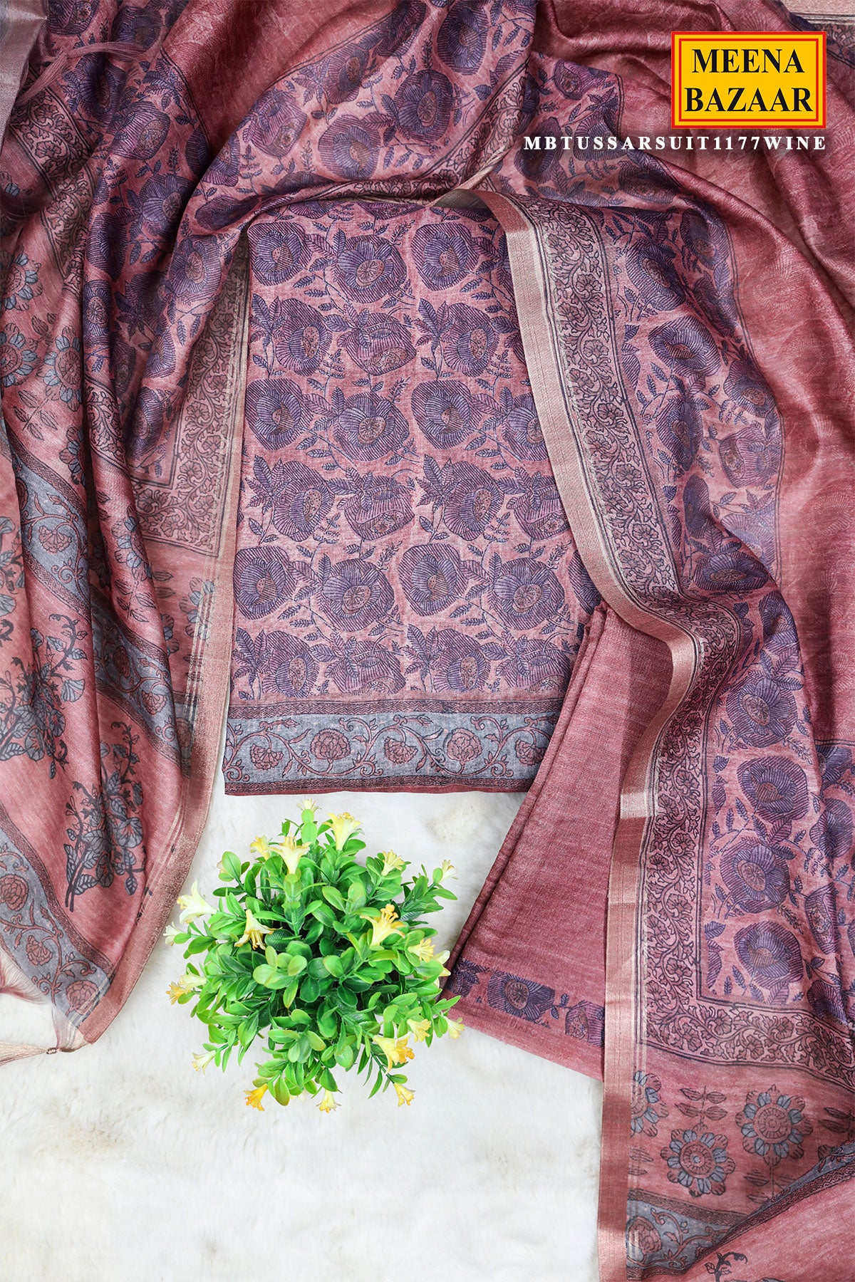 Wine Tussar Silk Floral Printed Unstitched Suit Set