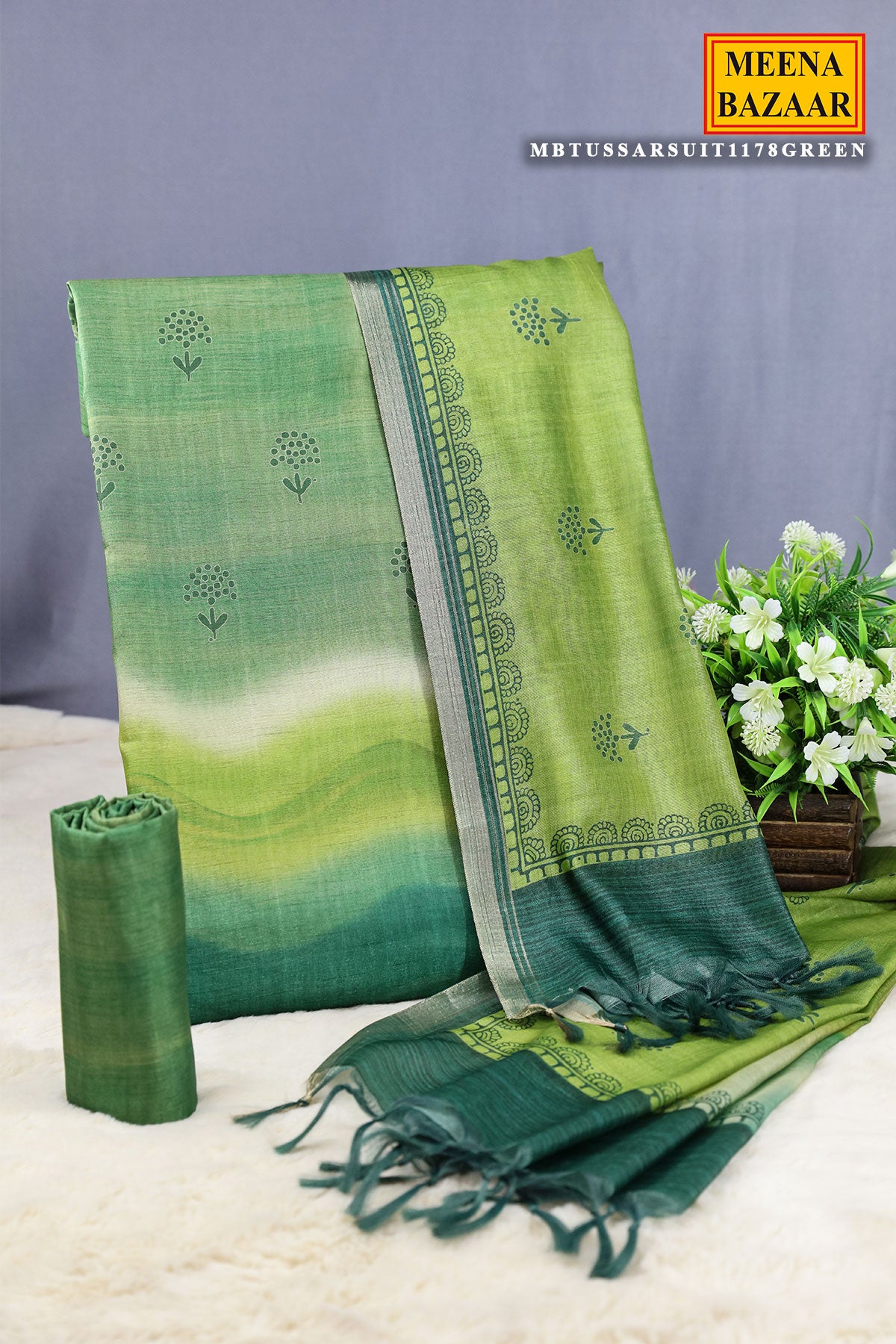 Green Tussar Silk Printed Suit Set