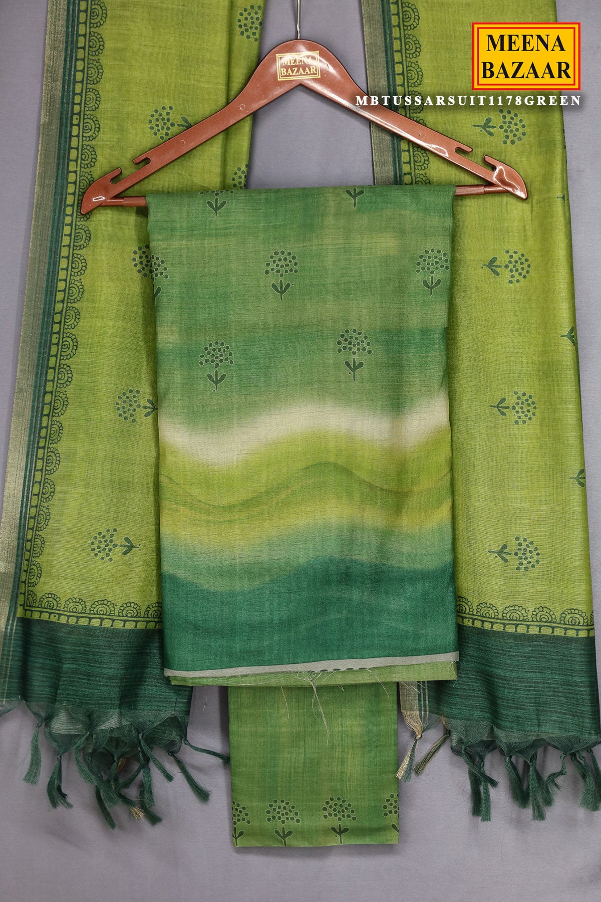 Green Tussar Silk Printed Suit Set