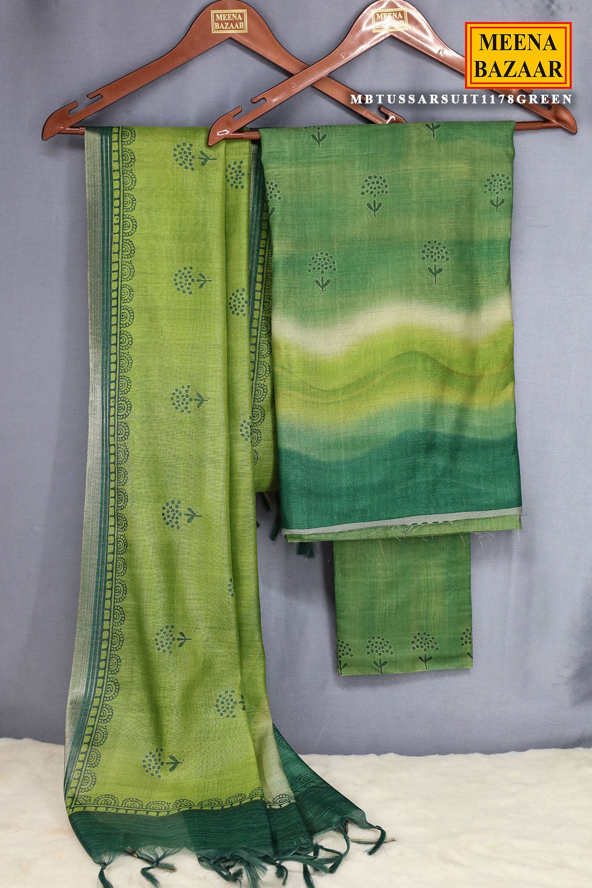 Green Tussar Silk Printed Suit Set