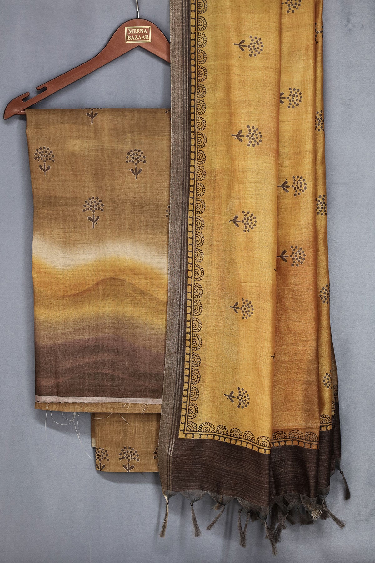 Brown Tussar Silk Printed Suit Set