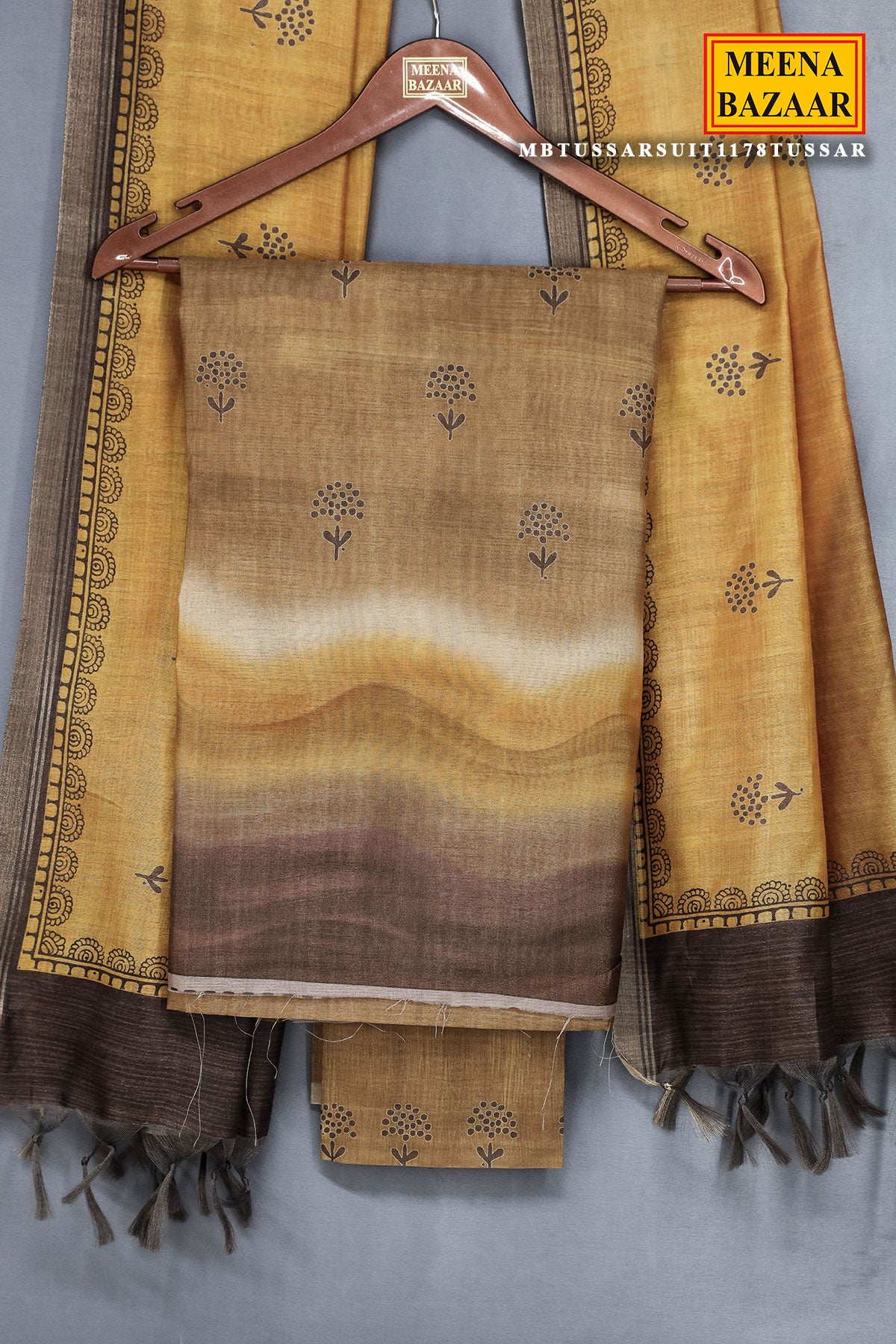 Brown Tussar Silk Printed Suit Set