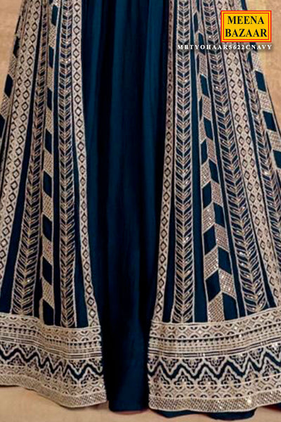 Navy Chinon Silk Crop Top Indo Western Skirt With Jacket