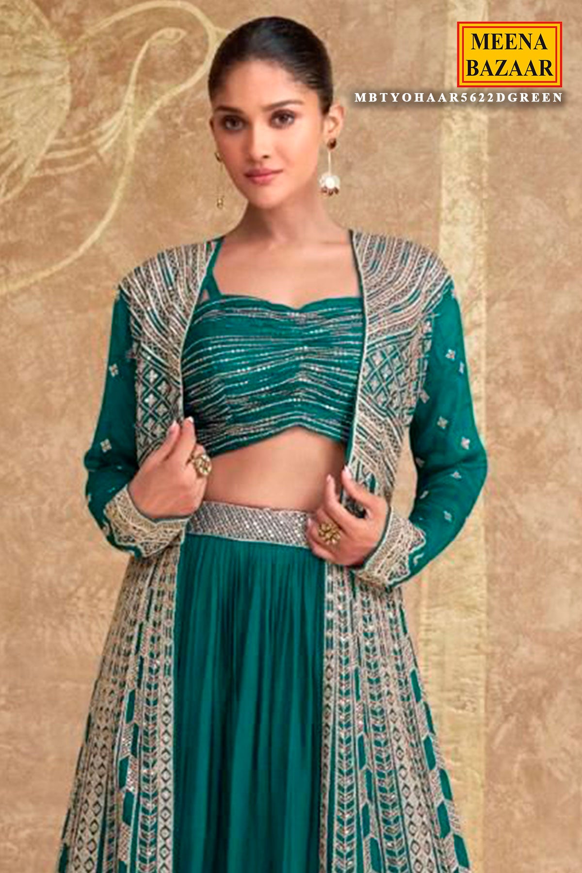 Green Chinon Silk Crop Top Indo Western Skirt With Jacket