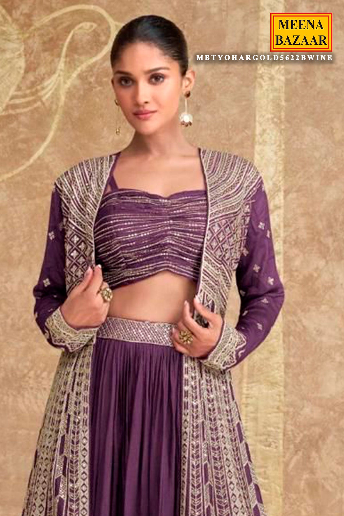 Wine Chinon Silk Crop Top Indo Western Skirt With Jacket