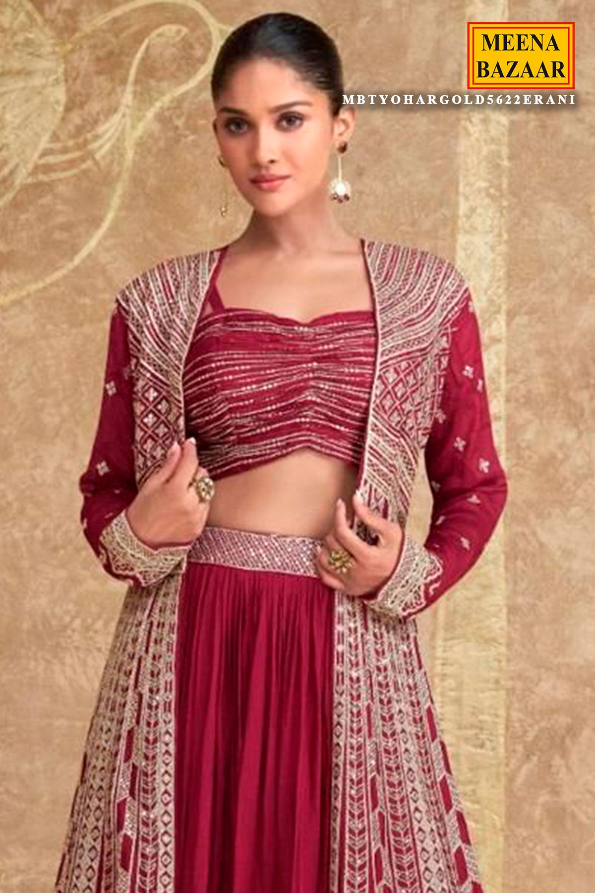 Maroon Chinon Silk Crop Top Indo Western Skirt With Jacket