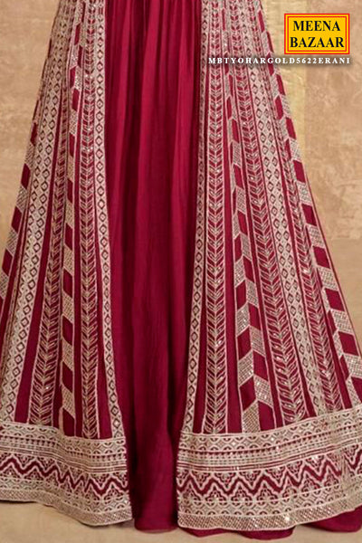 Maroon Chinon Silk Crop Top Indo Western Skirt With Jacket