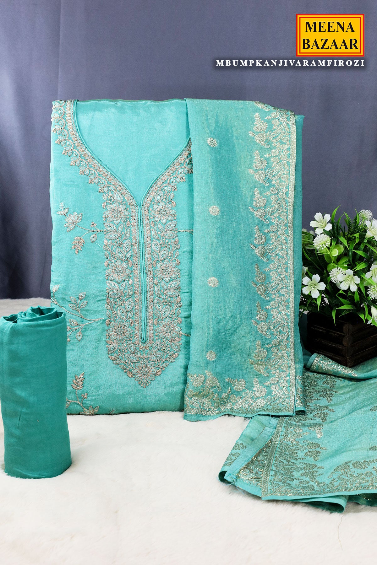 Firozi Silk Floral Zari Embroidered Unstitched Suit