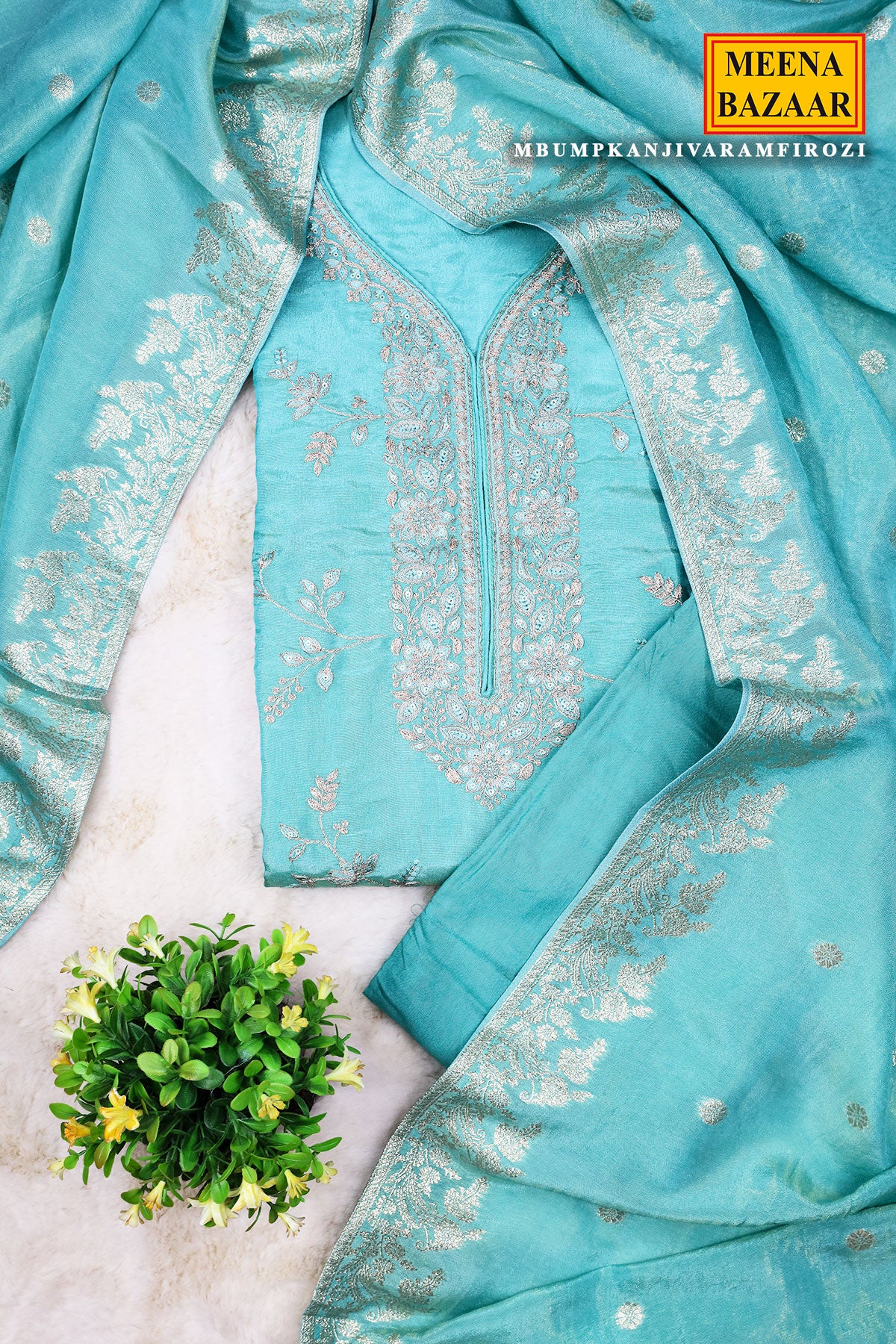 Firozi Silk Floral Zari Embroidered Unstitched Suit