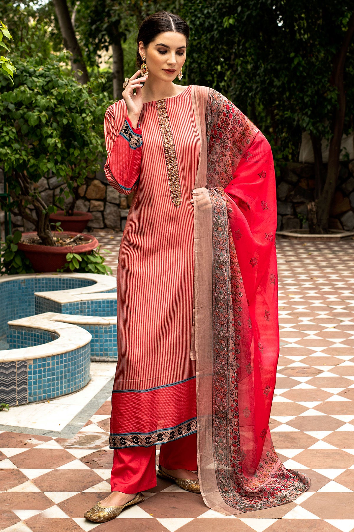 Red Muslin Neck Embroidered Suit Set