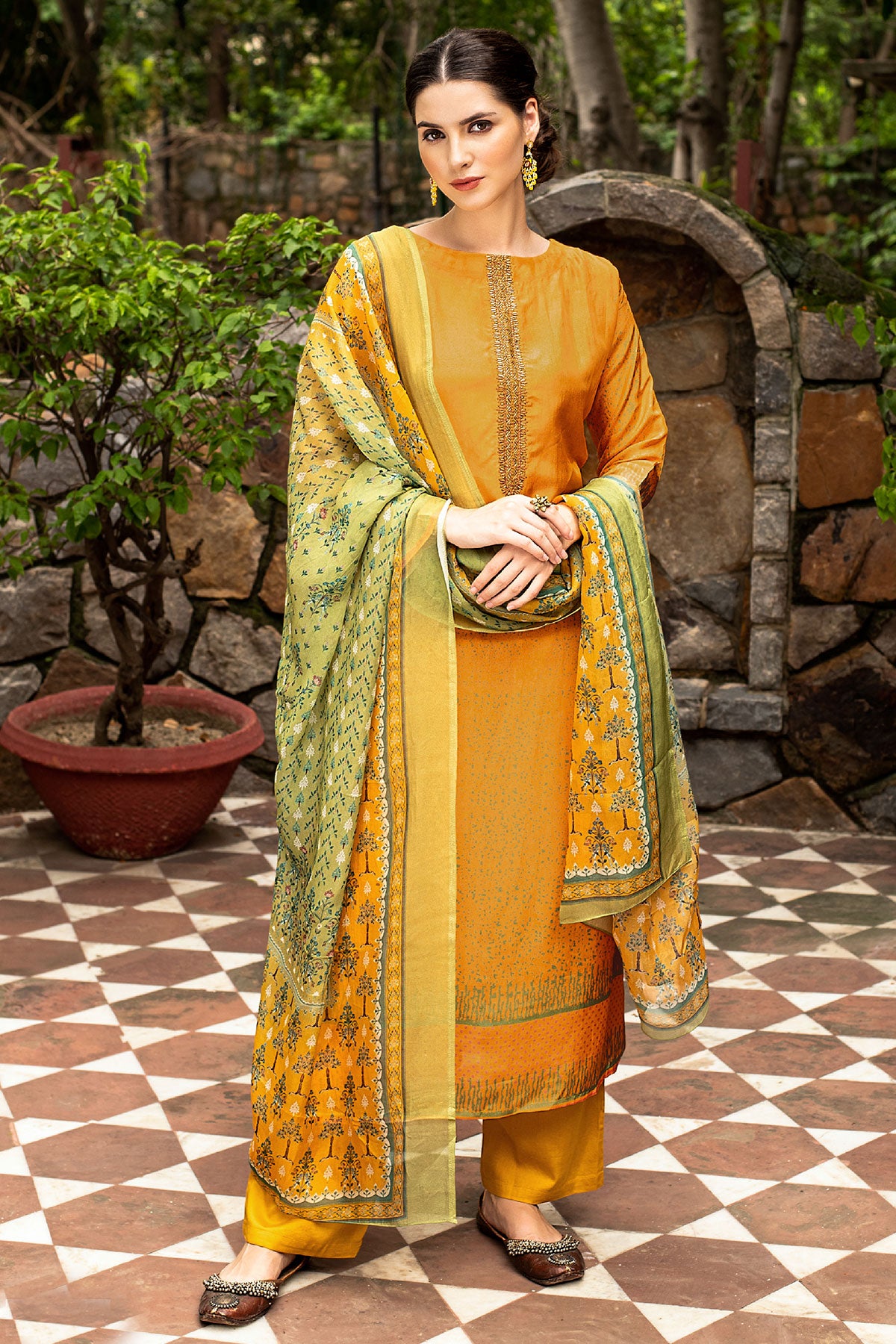 Mustard Muslin Neck Embroidered Suit Set