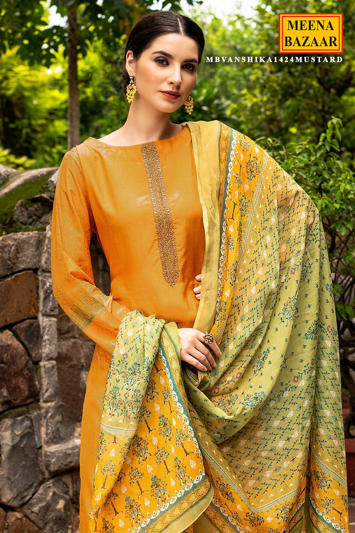 Mustard Muslin Neck Embroidered Suit Set