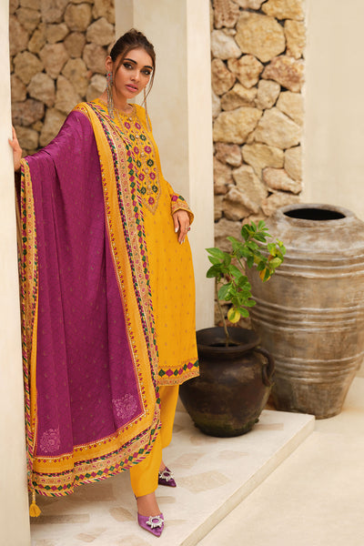 Mustard Modal Silk Floral Printed Neck Embroidered Suit Set
