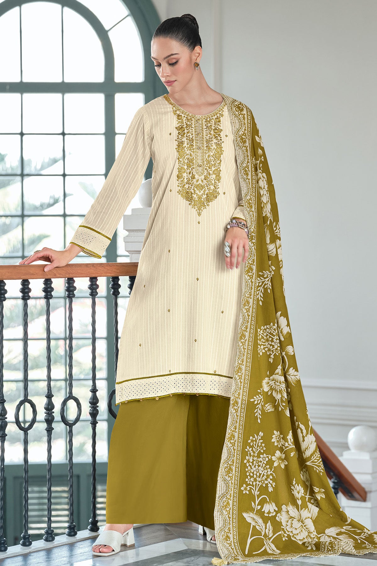 Cream and Mehandi Neck Embroidered Cotton Suit