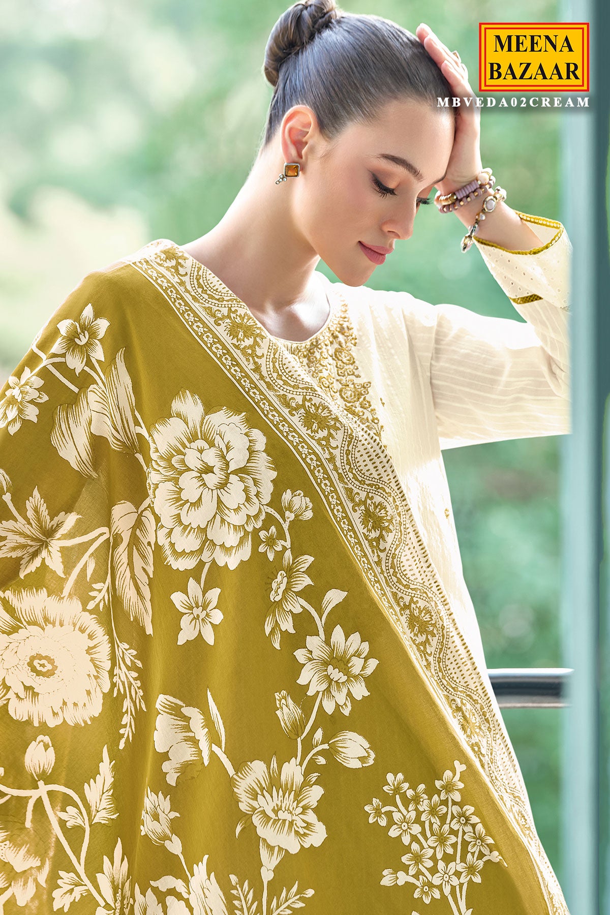 Cream and Mehandi Neck Embroidered Cotton Suit