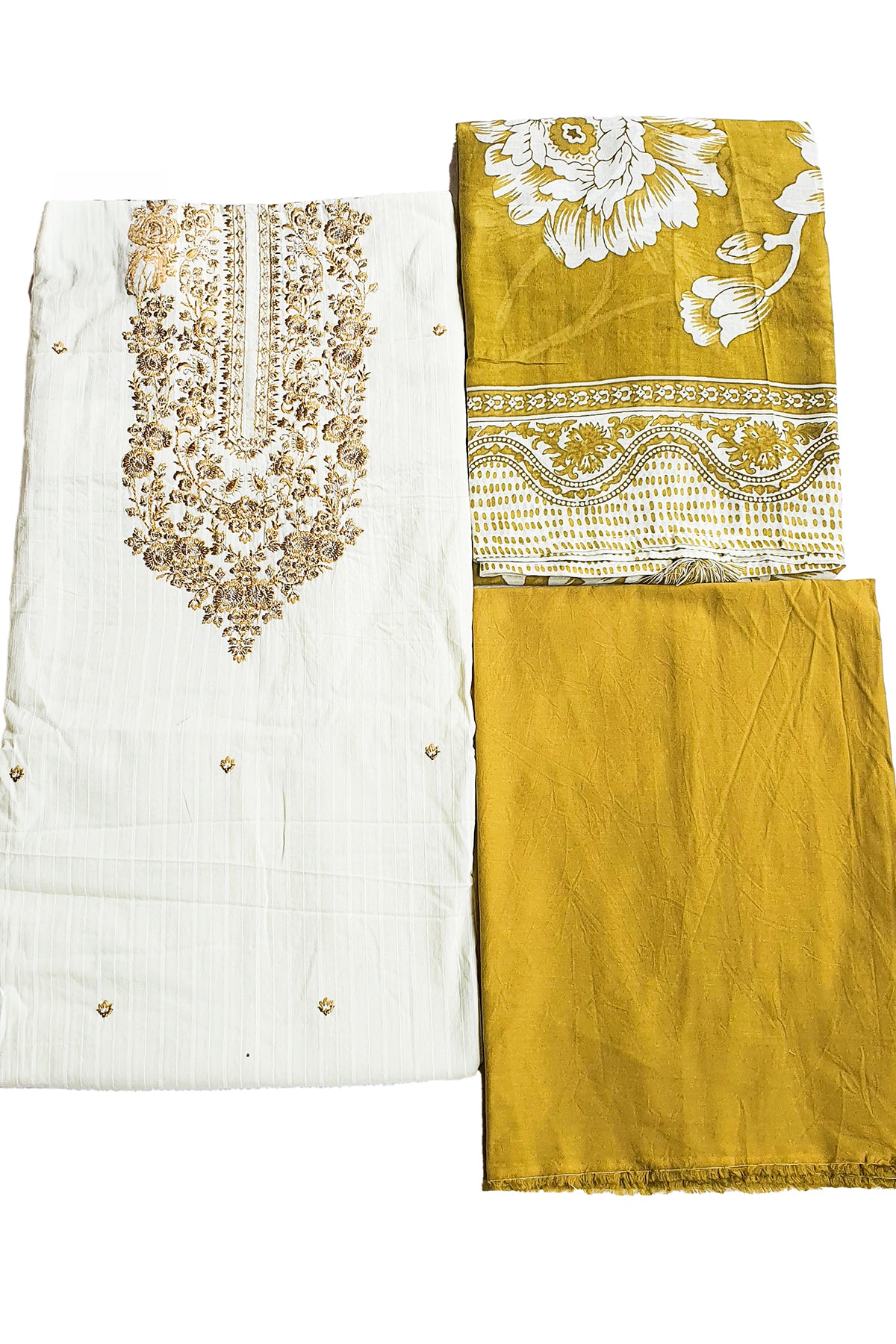 Cream and Mehandi Neck Embroidered Cotton Suit