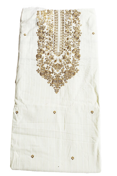 Cream and Mehandi Neck Embroidered Cotton Suit