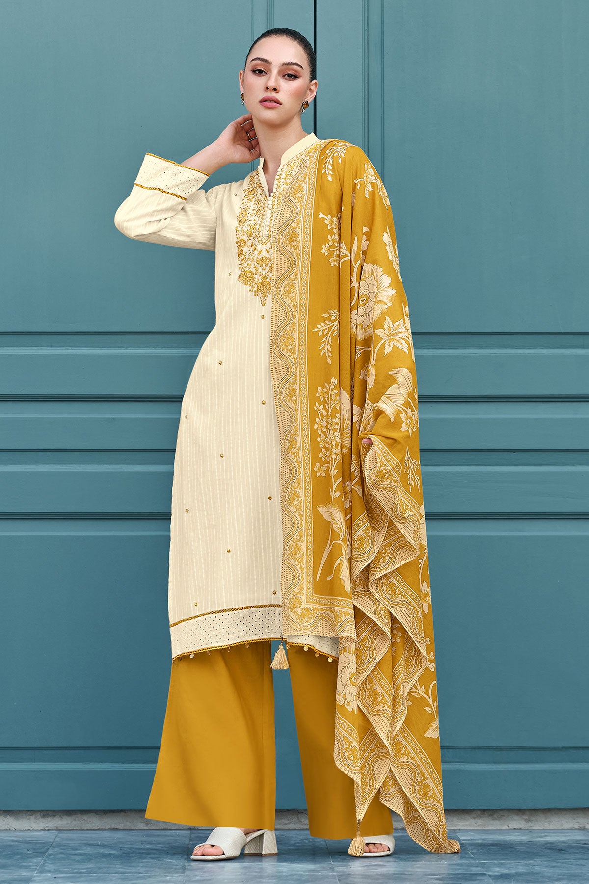 Cream and Mustard Neck Embroidered Cotton Suit