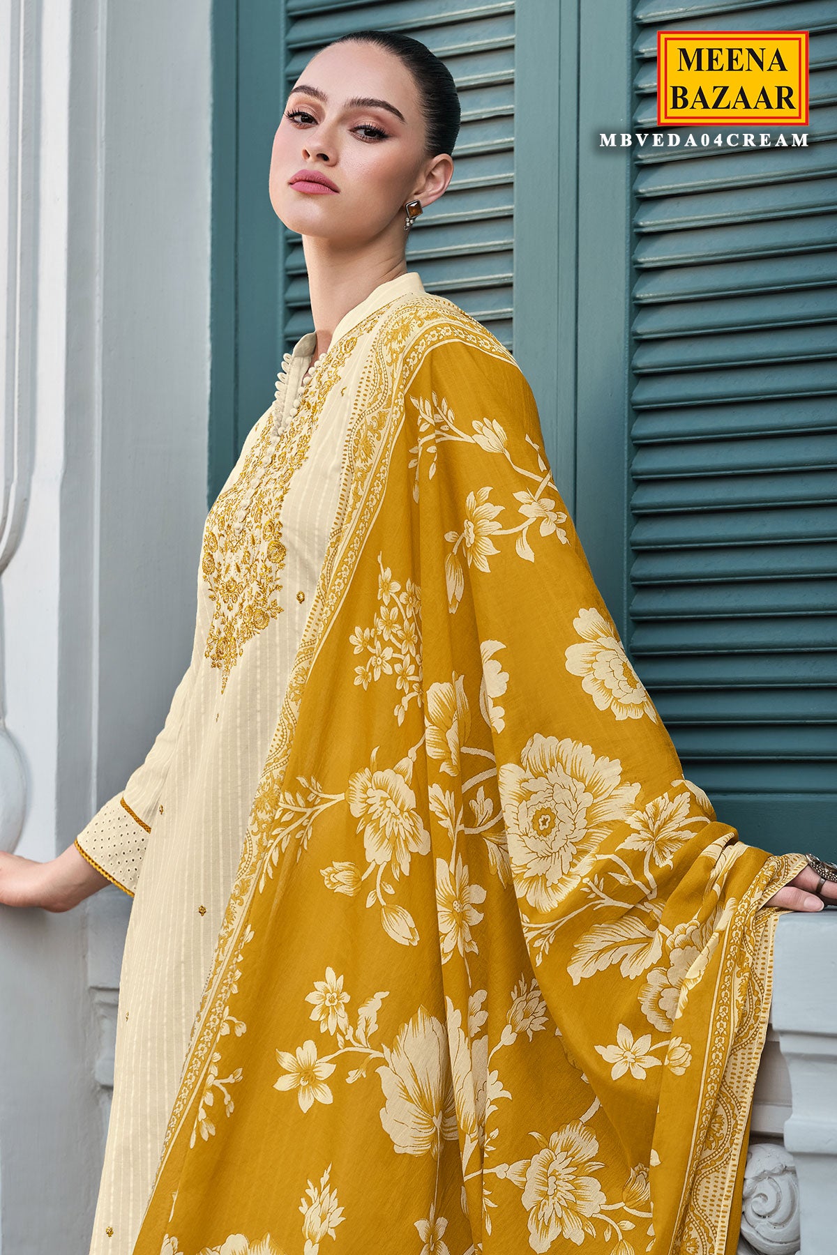 Cream and Mustard Neck Embroidered Cotton Suit