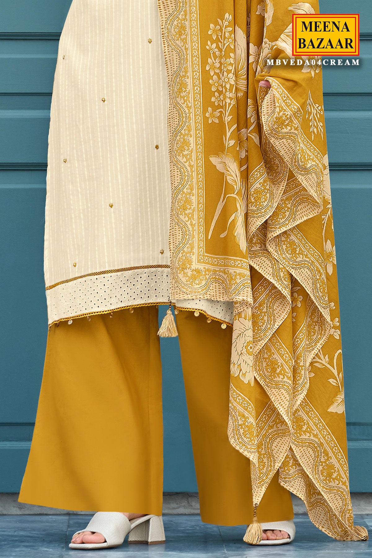 Cream and Mustard Neck Embroidered Cotton Suit