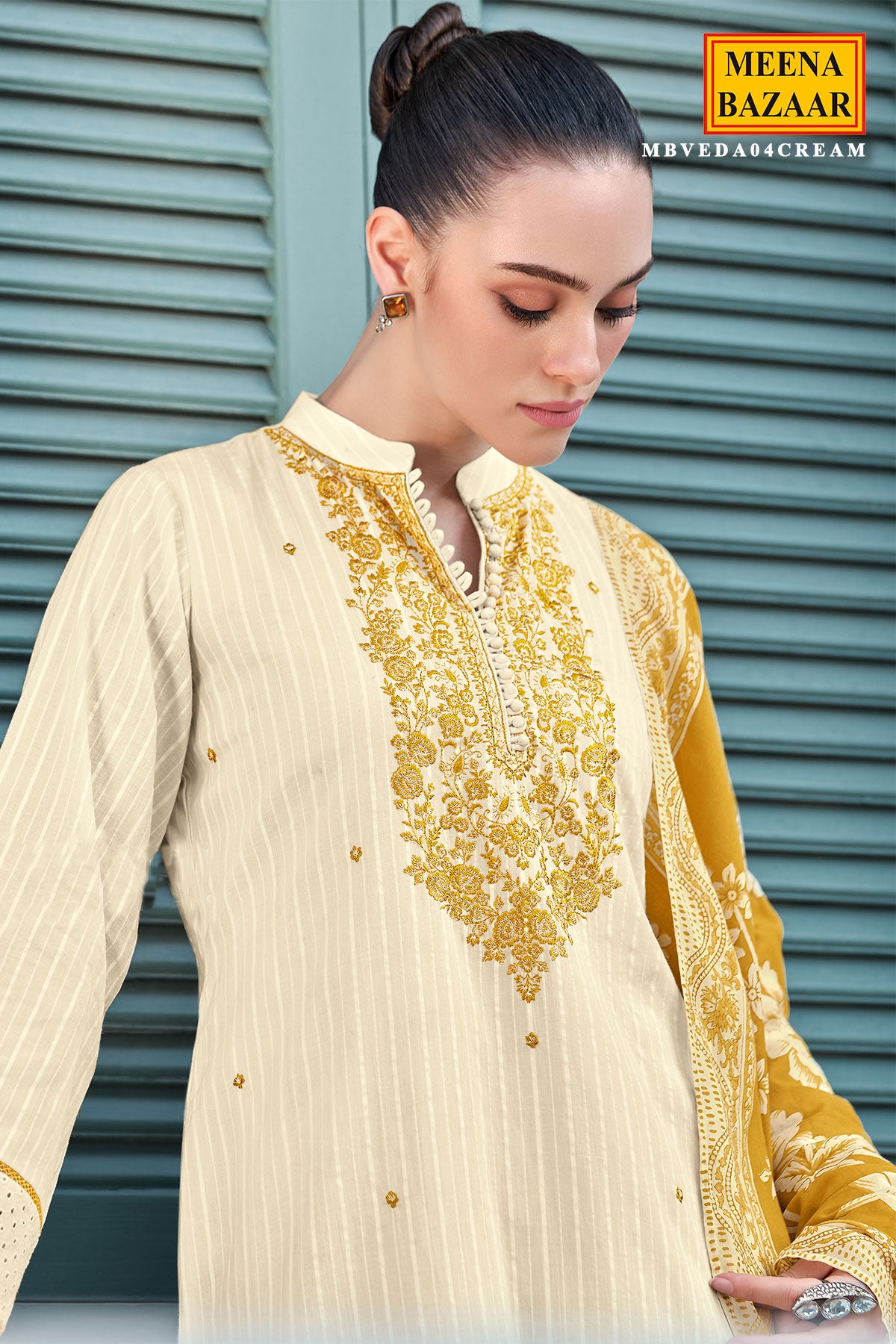 Cream and Mustard Neck Embroidered Cotton Suit