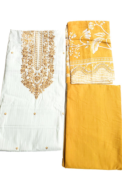 Cream and Mustard Neck Embroidered Cotton Suit