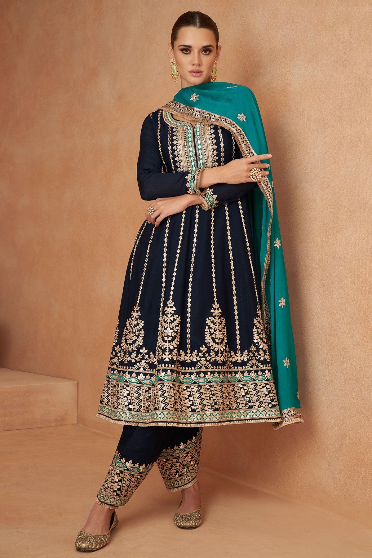 Navy Chinon Silk Embroidered Suit Set