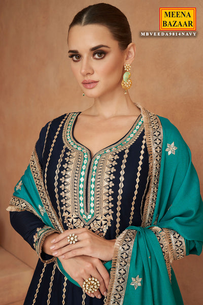 Navy Chinon Silk Embroidered Suit Set