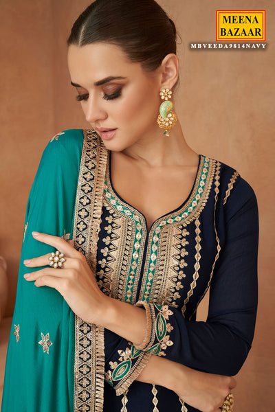 Navy Chinon Silk Embroidered Suit Set