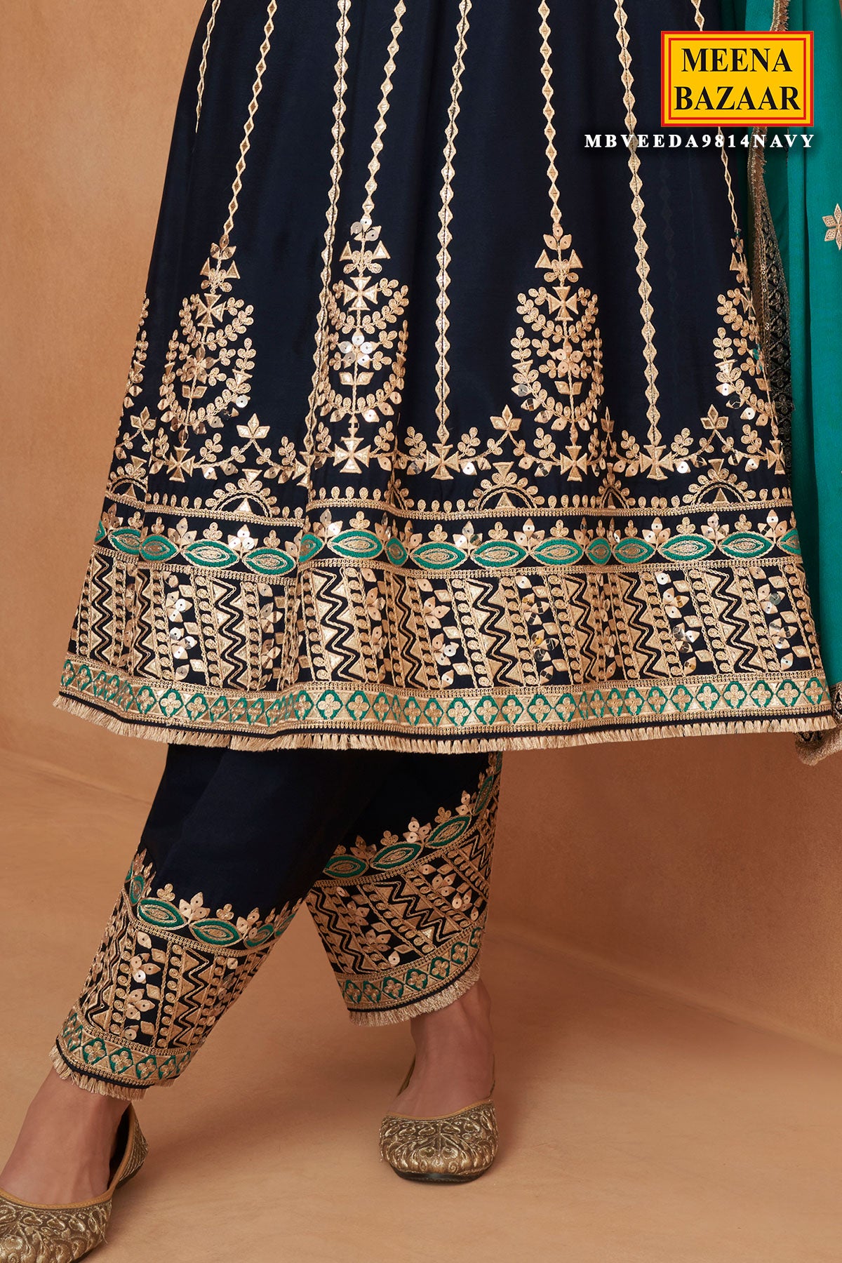 Navy Chinon Silk Embroidered Suit Set