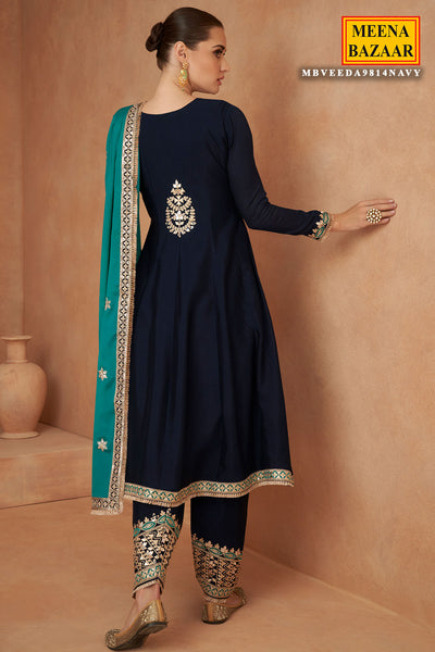 Navy Chinon Silk Embroidered Suit Set