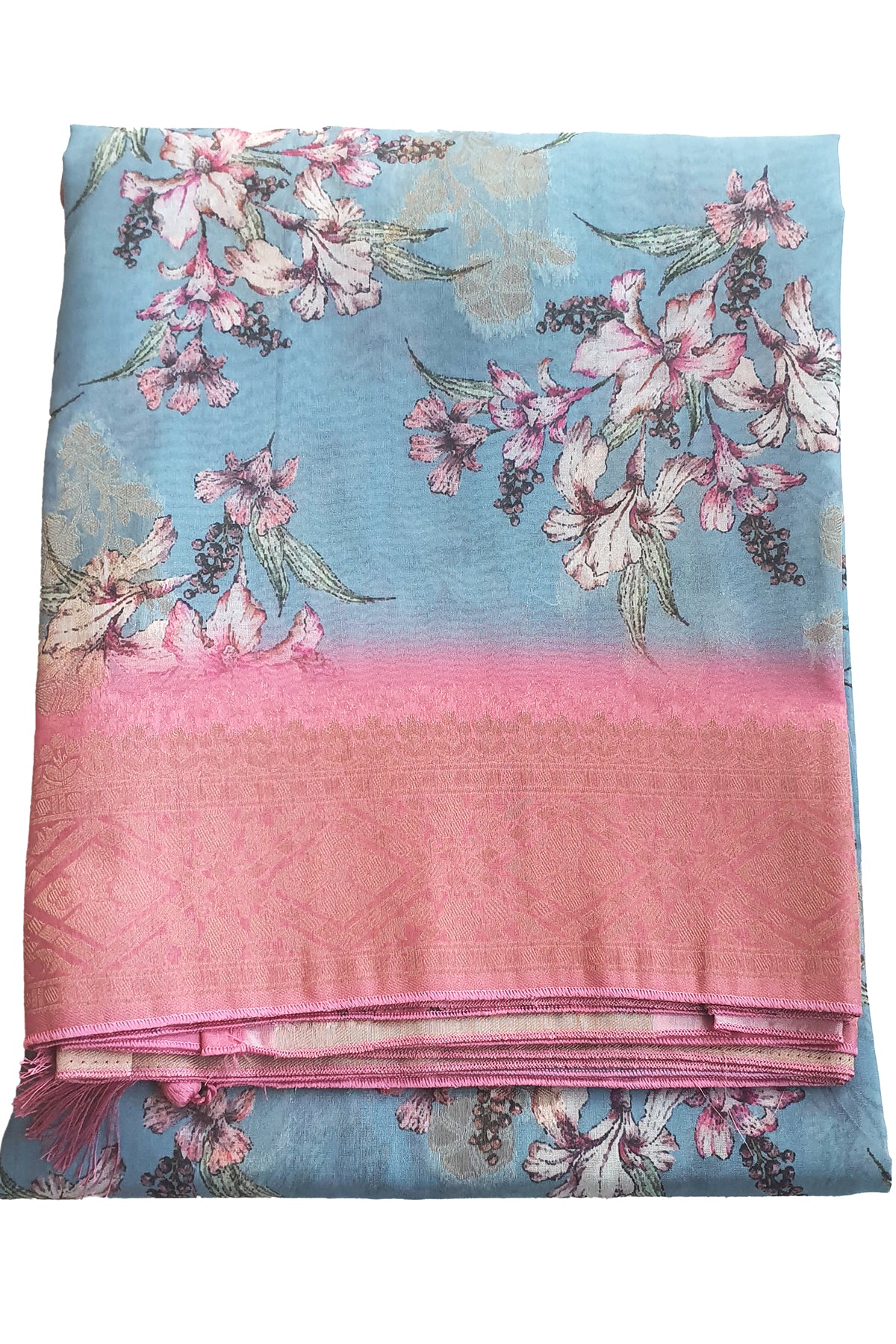 Grey Floral Printed Chanderi Cotton Zari Woven Saree