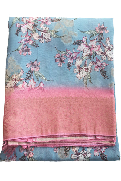 Grey Floral Printed Chanderi Cotton Zari Woven Saree