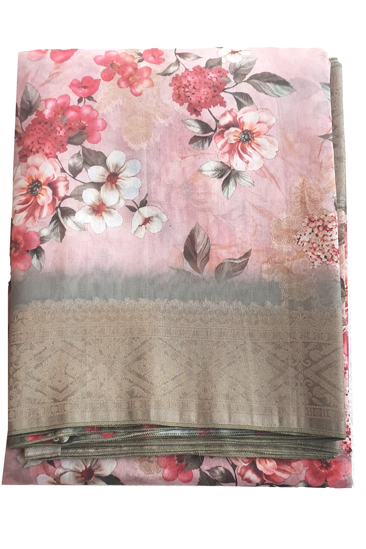 Pink Floral Printed Chanderi Cotton Zari Woven Saree