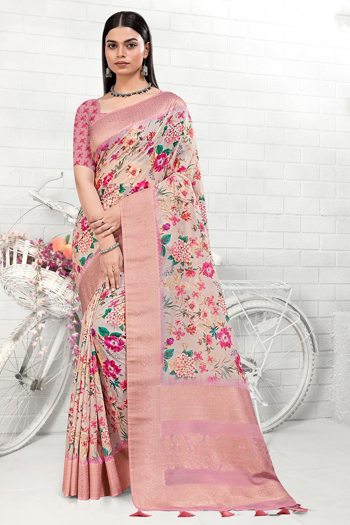 Mauve Floral Printed Chanderi Cotton Zari Woven Saree