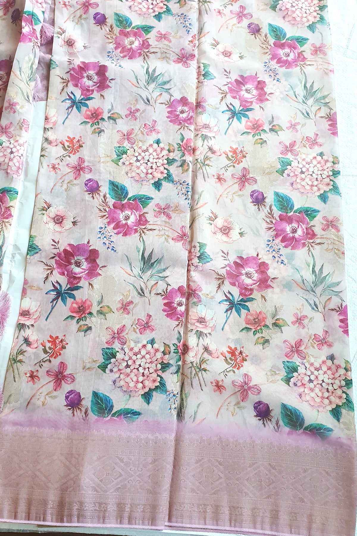 Mauve Floral Printed Chanderi Cotton Zari Woven Saree