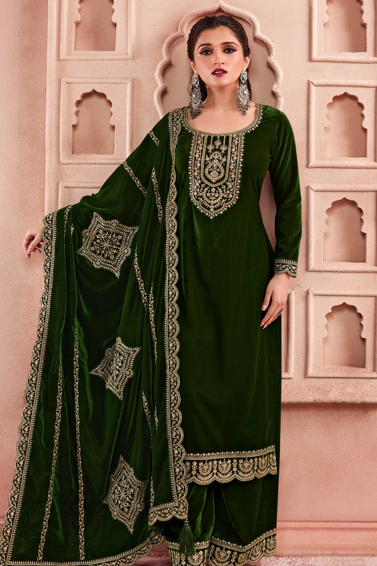 Bottle Green Velvet Zari and Sequins Embroidered Suit Set – Meena Bazaar