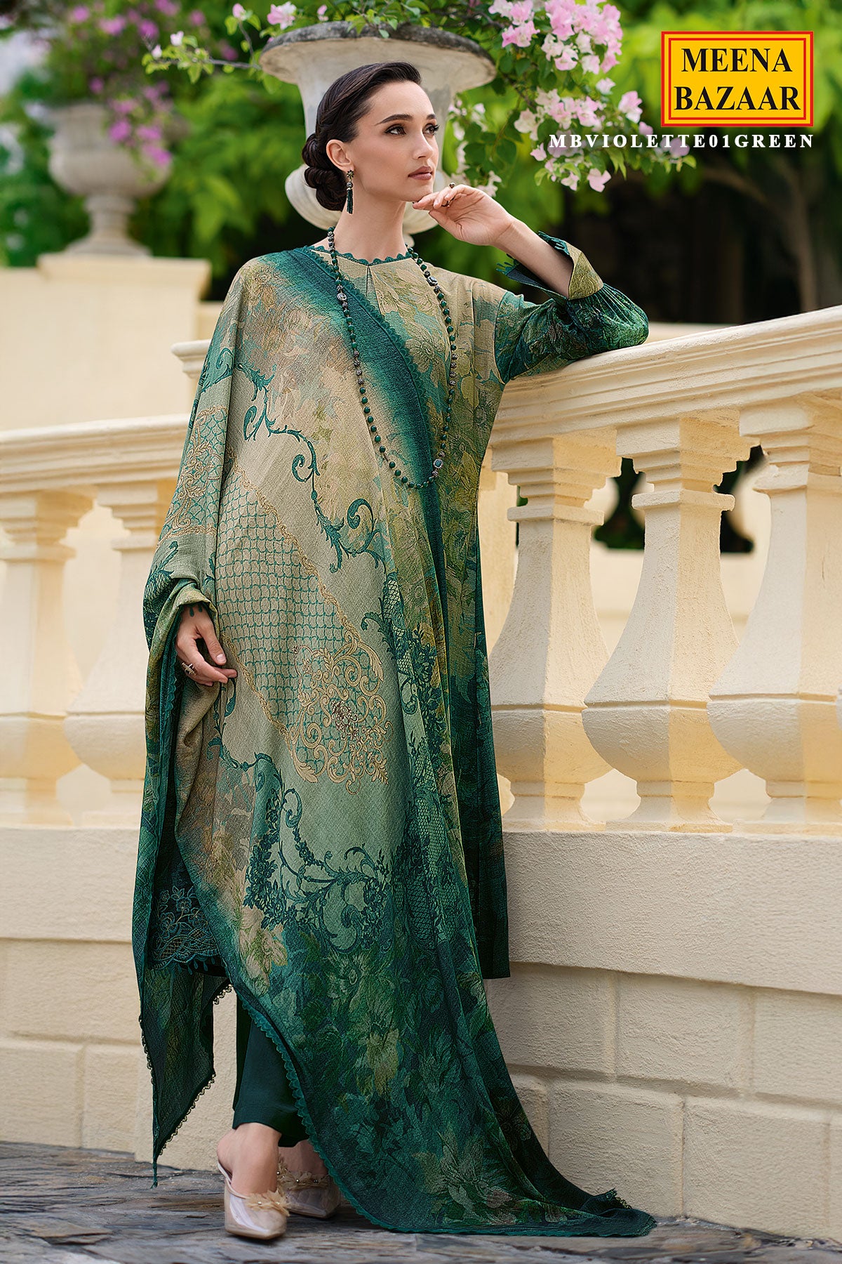 Green Pashmina Printed and Lace Threadwork Embroidered Suit