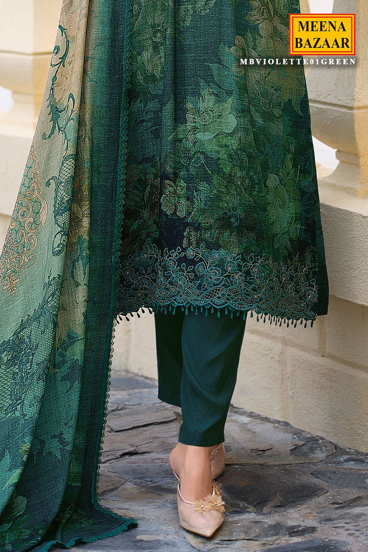 Green Pashmina Printed and Lace Threadwork Embroidered Suit