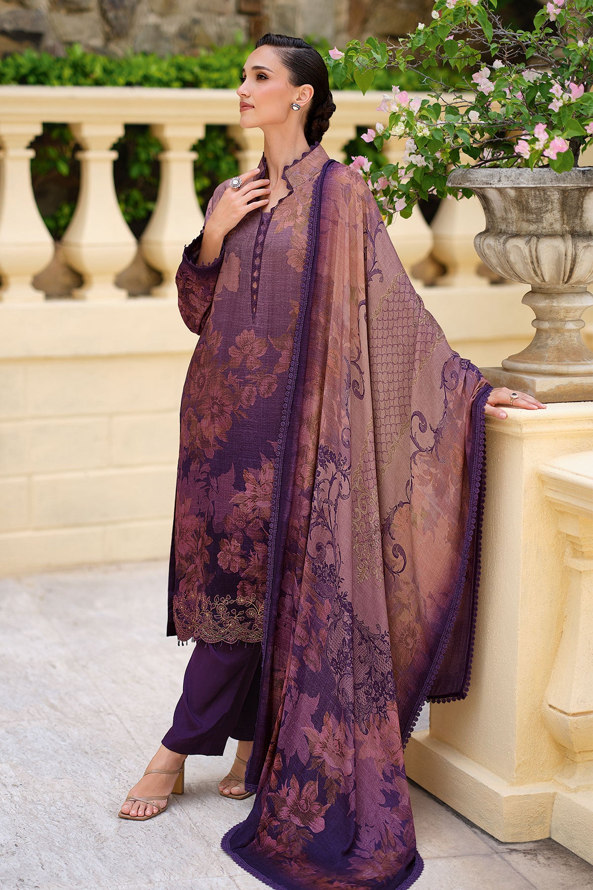 Wine Pashmina Printed and Lace Threadwork Embroidered Suit